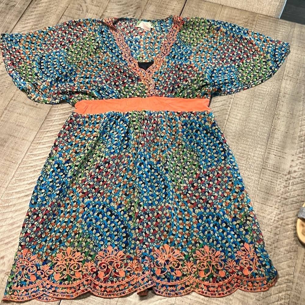 FLYING TOMATO Anthropologi Size Med Teal Blue Coral Floral Print Sun Dress Boho